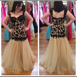 Tan and Black two piece mermaid prom dress